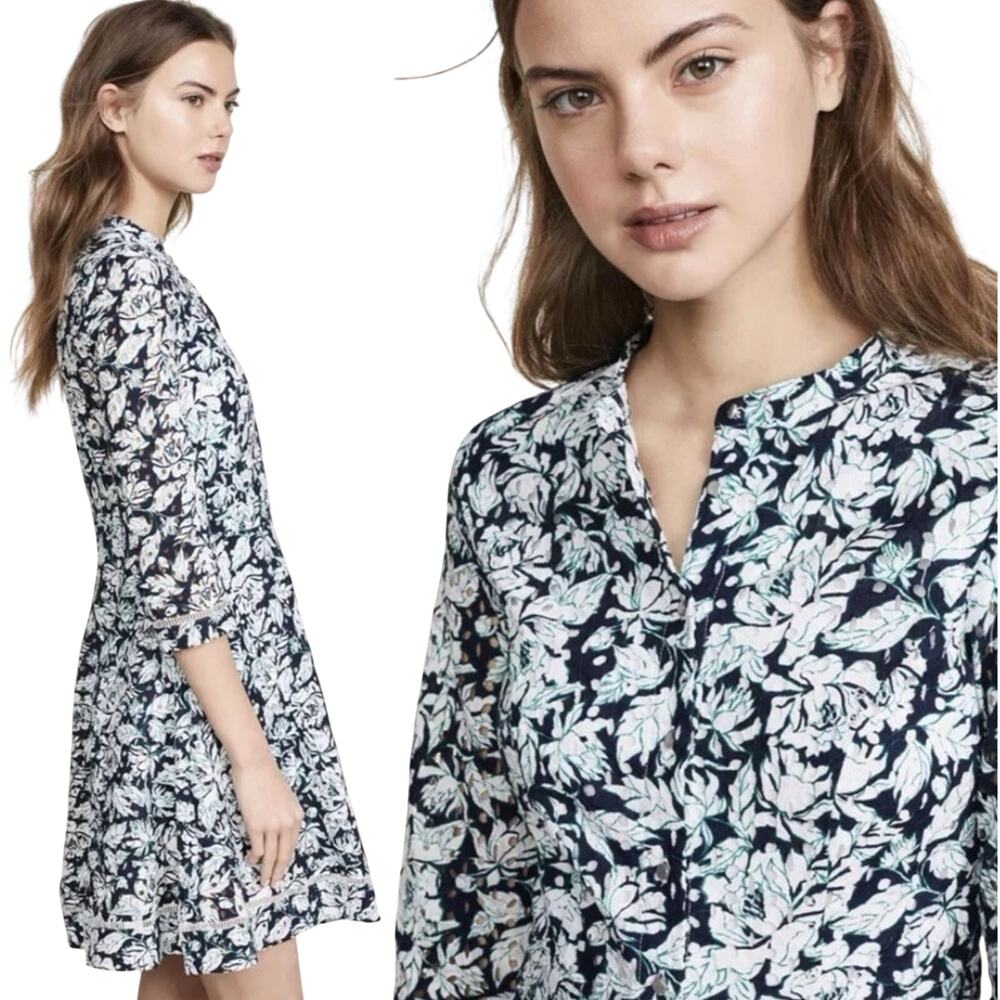 Suncoo Paris Eyelet Fit Flare Robe Castor Floral Dress XS 3/4 Sleeve Cottage